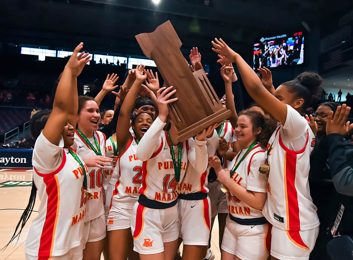 Purcell Marian celebrates winning the 2023 Division II state championship